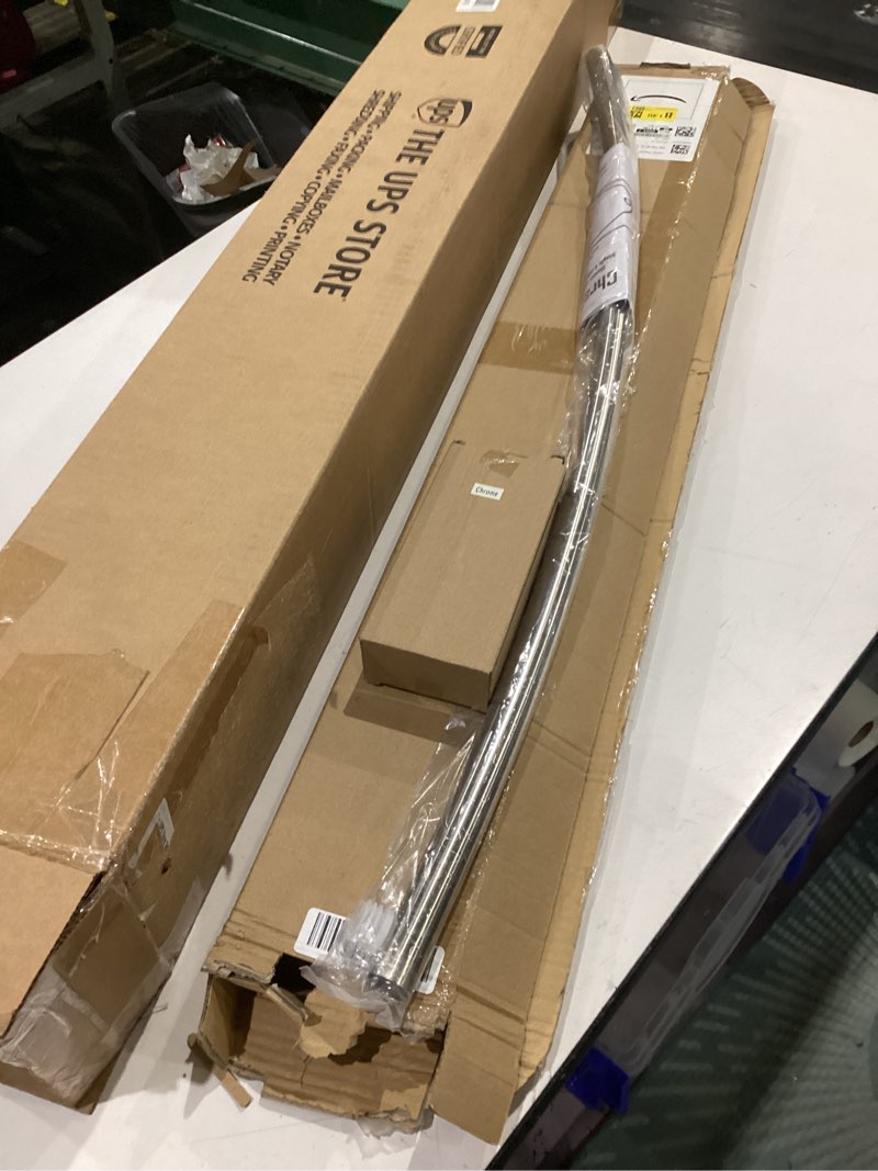 Condition photo showing As Is for chrsouly adjustable curved shower rod, 42-72 inches extra wide shower curtain rod, rust proof, premium stainless steel, curved shower curtain rod for bathroom, need to drill, silver silver 42-72 inches