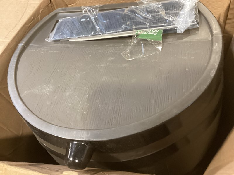 Condition photo showing As Is for rts home accents 50-gallon dual spigot rain barrel, flat back rain water collection barrel, stand included, woodgrain with black stripes dual spigot rain barrel with stand