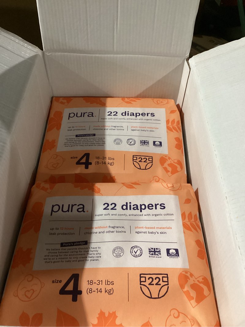 Condition photo showing New/Like New for Pura Sensitive Skin Baby Diapers | Size 4 (18-31 lbs) | Hypoallergenic, Totally Chlorine Free, Fragrance Free, Up to 12-Hour Leak Protection | 6 Packs of 22 (132 Diapers) Size 4 (132 Diapers)
