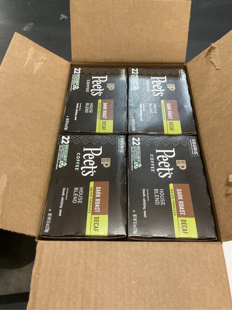 Condition photo showing New/Like New for ((Best by: 12/08/2025))Peet s Coffee Decaf House Blend Premium Dark Roast Single Serve Coffee Pods  22 Count