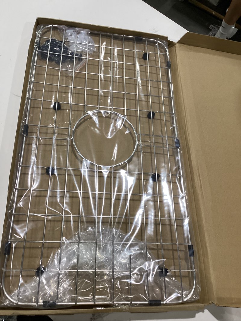 Condition photo showing New/Like New for kitchen sink grid and sink protectors, stainless steel sink grids for bottom of kitchen sinks, 26\" x 14\" with rear drain for single bowl sinks 26\" x 14 1/16\", similar to stock photo