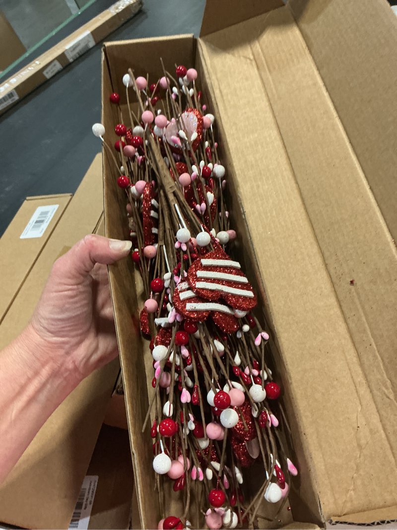 Condition photo showing New/Like New for dn deconation 6pcs valentine's picks, valentine floral picks heart stems with with red pink white berries, valentines day artificial flowers arrangement for valentines wedding centerpiece home decor red & white & brown set of 6