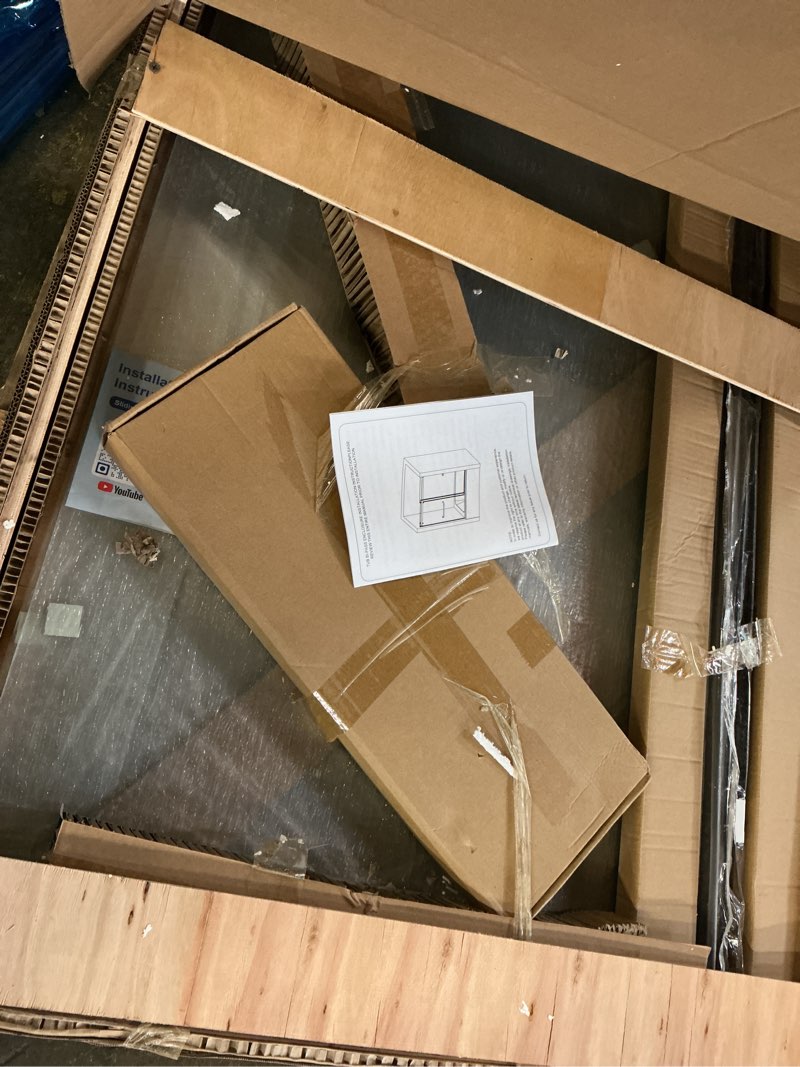 Condition photo showing item condition for Bathtub Sliding Door 60" W x 56" H, Tub Shower Door, Frameless Bypass Double Sliding Door Tempered Rain Glass with Explosion-Proof Film Stainless Steel Black Rain Glass Matte Black 60"W x 56"H