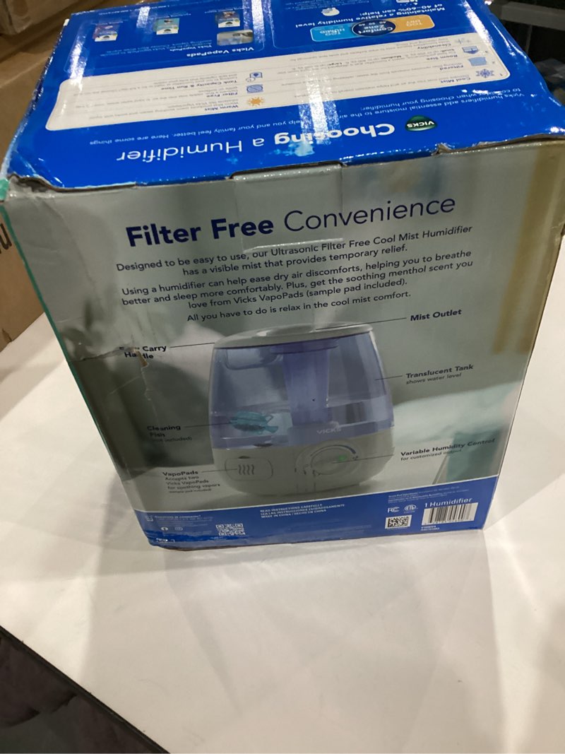 Condition photo showing New/Like New for Vicks Filter-Free Ultrasonic Humidifier, Recommended by Pediatricians*, 1.2 Gal Ultrasonic Cool Mist Humidifiers for Bedrooms & Kids Rooms, Works with Vicks VapoPads