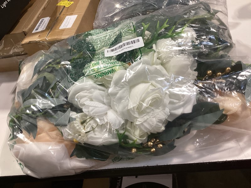Condition photo showing Good Condition for 4 pcs wedding arch flowers and drape kit include 2 artificial floral swag and 2 white chiffon drapes, faux flower set for diy wedding party reception ceremony backdrop rose decoration beige