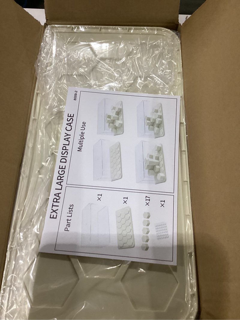 Condition photo showing New/Like New for Yesesion Extra Large Display Cases for Figures Under 7 inches Tall, Plastic Collectibles Showcase with 17pcs Cube, Stackable Storage Box with Lid for Model Car, Doll, Toy, Souvenir Stand, 2 Pack