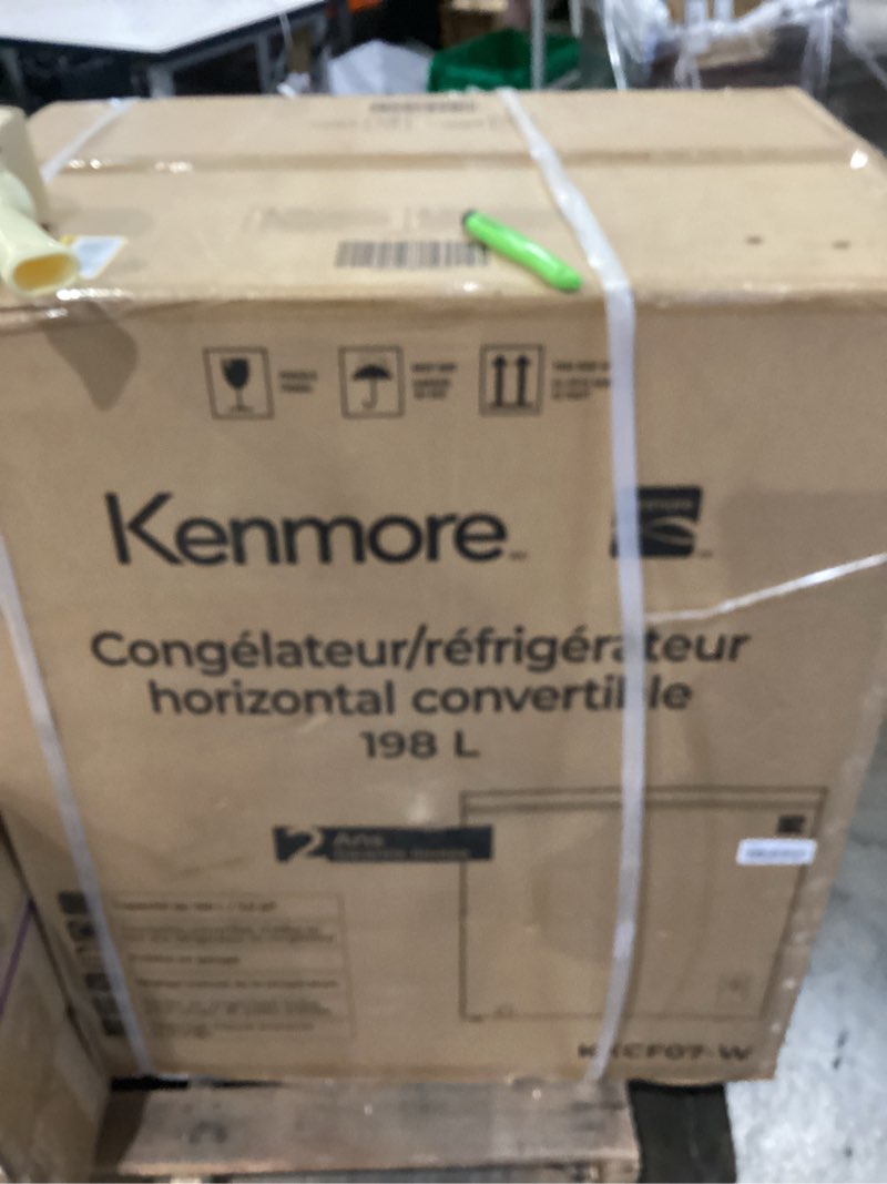 Condition photo showing As Is for kenmore deep freezer - convertible refrigerator/chest freezer, 1 hanging basket, garage ready, meat storage, front drain, congelador for home, apartment, basement, dorm, cottage 5.0 cubic feet white