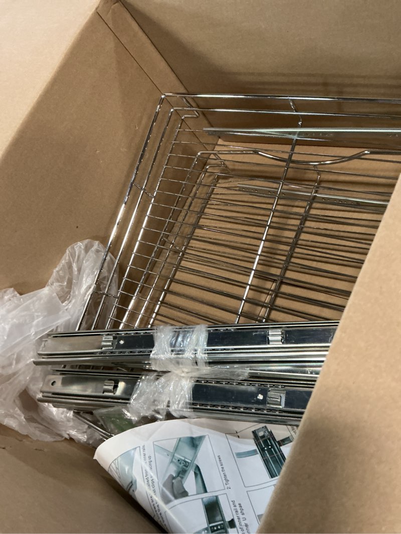 Condition photo showing As Is for dindon 2 tier pull out cabinet organizer (17" w x 18" d) heavy-duty metal sliding drawer shelf, two tier pull out shelves for kitchen cabinets, pantry, bathroom, chrome finish chrome 17'' w x 18'' d