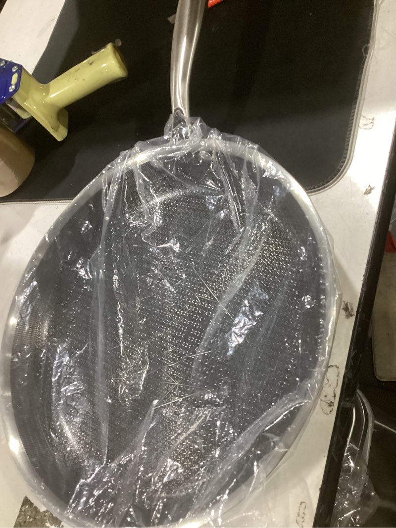 Condition photo showing Good Condition for cooker king 12-inch stainless steel pan, hybrid nonstick frying pan, skillet, 3-ply clad cookware, even heat distribution, dishwasher & oven safe, with stay-cool handle, induction compatible stainless steel 12 inch