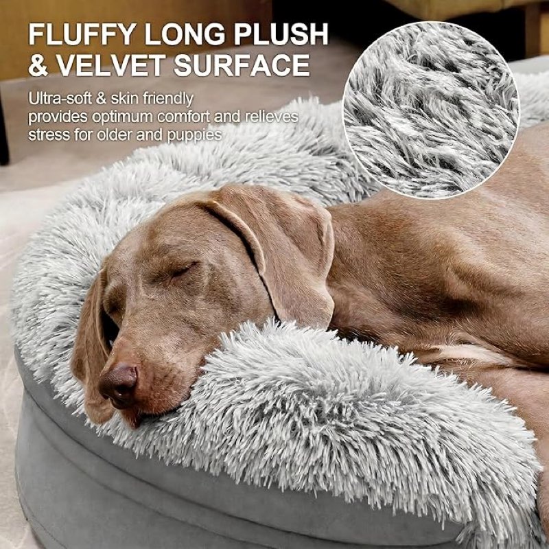 iweepet fluffy claiming orthopedic dog beds for medium & large dogs, supportive dog sofa bed with 3.7 inch 28d egg-crate foam, removable washable plush cover, waterproof lining, 41'',grey