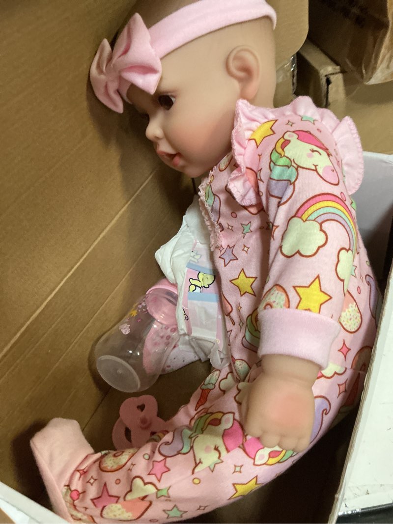 Condition photo showing New/Like New for baby dolls, 17 inches large realistic baby doll with cute soft body, real life baby dolls girl, with bottles & pacifier, diapers and bibs, gift idea for ages 3+ floral pink