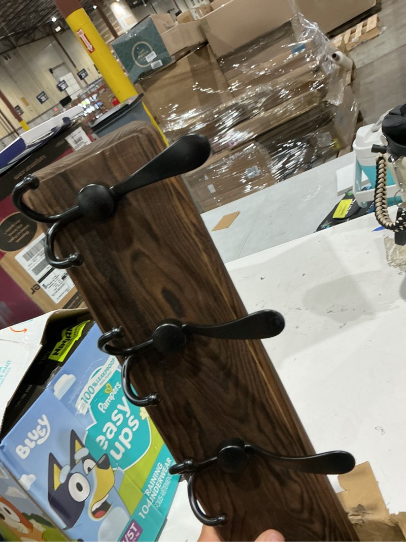 Condition photo showing As Is for gohiuo rustic 38.6" large coat rack wall mount, long wood coat hooks with 10 triple hooks, heavy duty wooden coat hanger wall mount for entryway, farmhouse hanging jackets, coats, hats, bags,towel brown plate & black hook 10 hooks-1 items