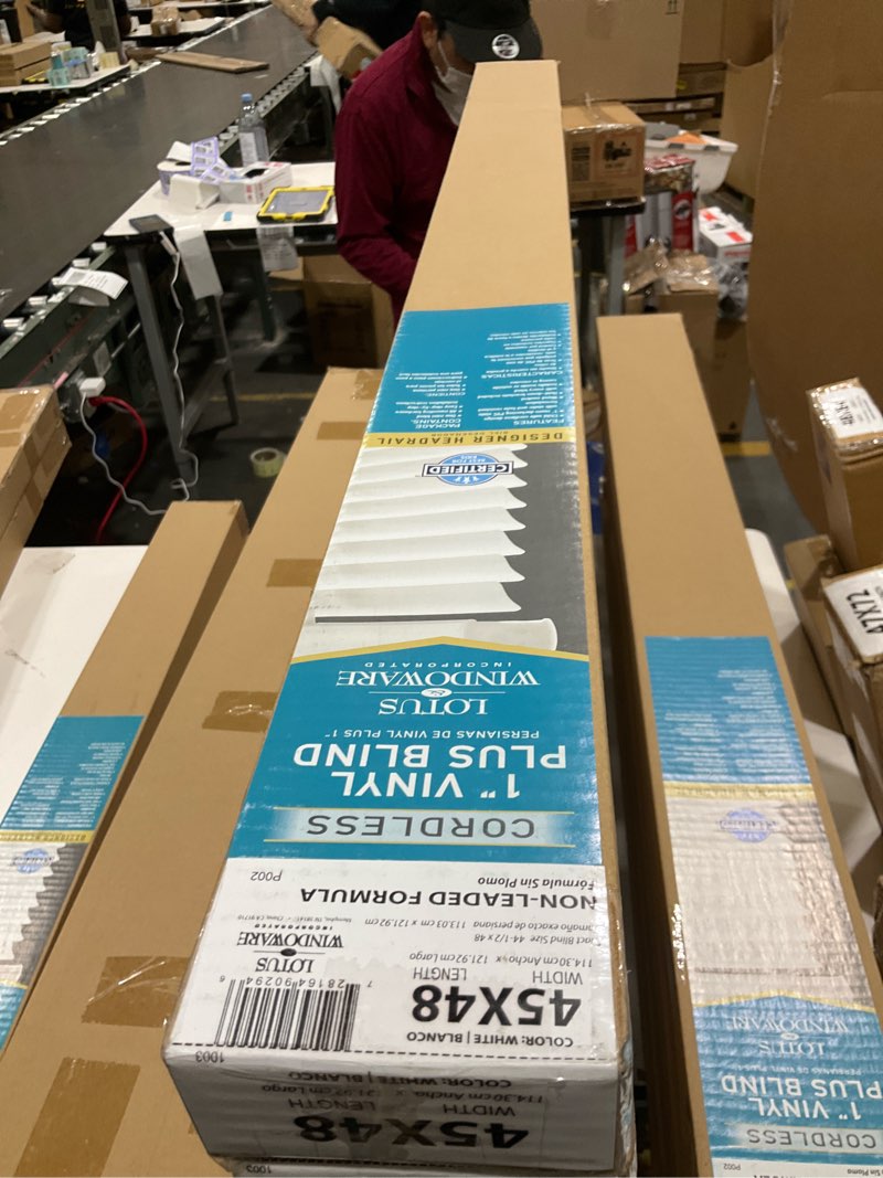 Condition photo showing New/Like New for LOTUS & WINDOWARE Cordless 1" Premium Vinyl Mini Blind, 45" Wide x 48" Long, White, Smooth, Room Darkening, Horizontal Blinds for Living Room, Bedroom, Interior Door Windows 45"W x 48"H White