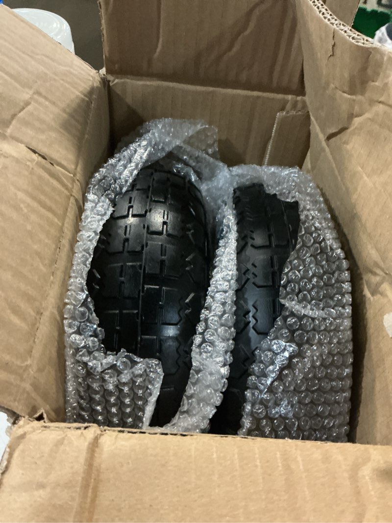 Condition photo showing Good Condition for ticonn 10" solid tires, 2 pack flat free 4.10/3.50-4'' wheels with 5/8” axle bore hole and double sealed bearings (yellow, 2pk) 10" 2pk yellow