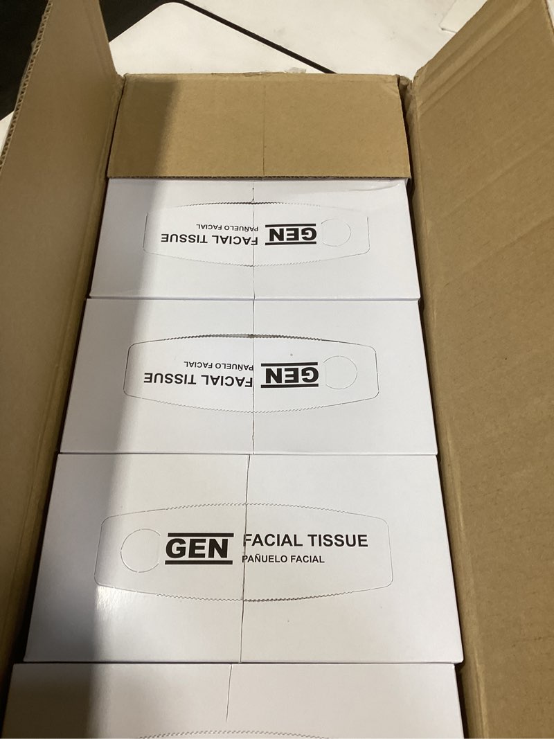 Condition photo showing New/Like New for bulk tissues, 30 flat boxes, 100 sheets/box, 3000 facial tissues total, 2-ply, soft, white, for office, business & home, commercial flat box tissues, hypoallergenic, unscented, packaging may vary