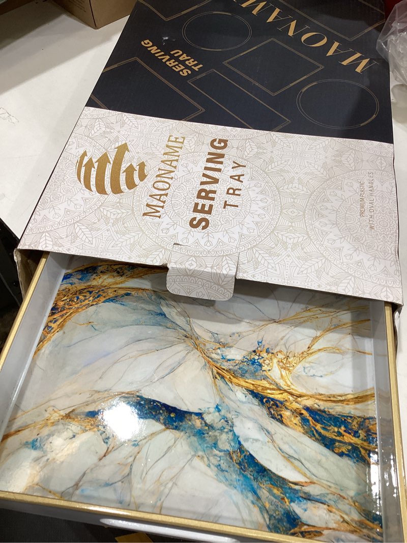 Condition photo showing Good Condition for MAONAME Rectangular Decorative Tray, Modern White Serving Tray with Handles, Marbling Plastic Trays for Ottoman, Coffee Table Trays for Living Room, Home Decor, 15.8" x 11.8" x 1.6" 15.8" x 10.2" x 1.4" White-3