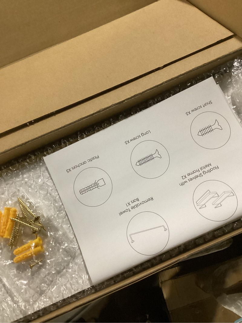 Condition photo showing Good Condition for Shario White Floating Shelves - Set of 2, Wall Mounted Hanging Shelves with Golden Towel Rack, Decorative Storage Shelves for Bathroom, Kitchen, Living Room & Bedroom (White Gold, 15.7 Inches) | Hanging Shelves, for Bathroom, Kitchen, Living Room, Bedroom