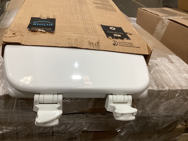 Condition photo showing Good Condition for church toilet seat, easy clean hinges release for deep cleans, durable enameled wood seat, elongated, white elongated white