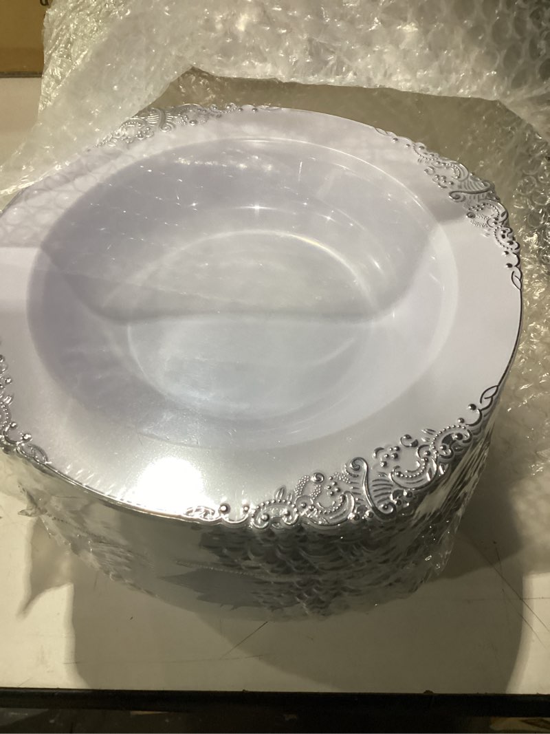 Condition photo showing New/Like New for 100pcs silver plastic bowls - 12 oz silver disposable salad bowls - heavy duty disposable soup bowl - fancy plastic ice cream bowl for weddings parties dinners picnics