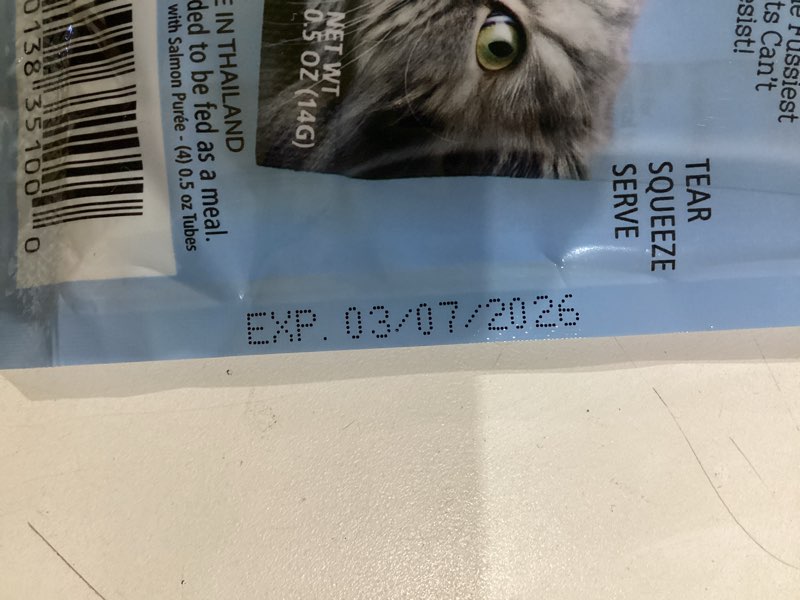 Condition photo showing Good Condition for Fussie Cat Ocean Fish and Salmon Puree, lickable cat Treats, 0.5oz, 4 count Pouch Pack of 1 Small