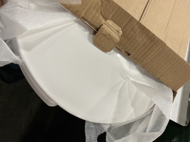 Condition photo showing As Is for centoco round toilet seat, residential or light weight commercial, open front with cover, plastic, made in the usa, dsamaz22-001, white open front / made in the usa round white
