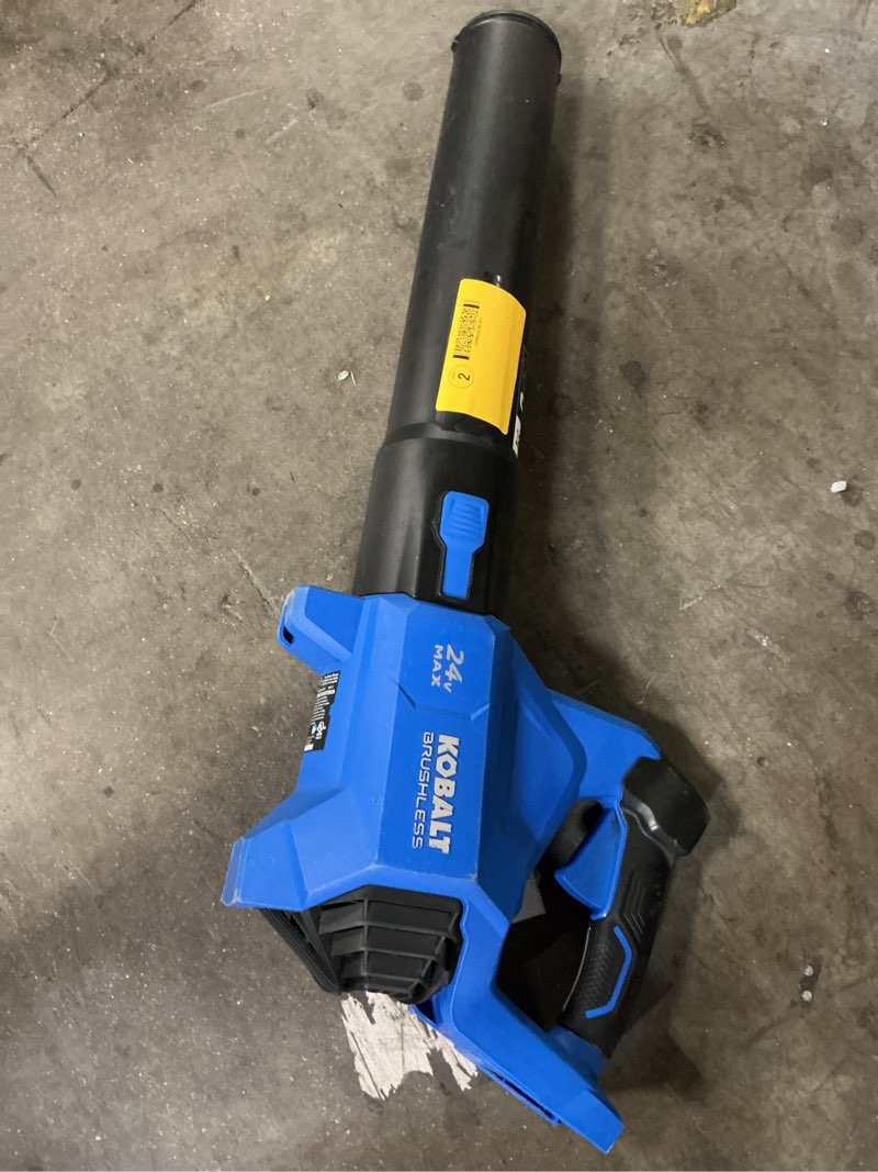 Condition photo showing As Is for kobalt 24v 500-cfm 120-mph cordless battery handheld leaf blower battery and charger not included