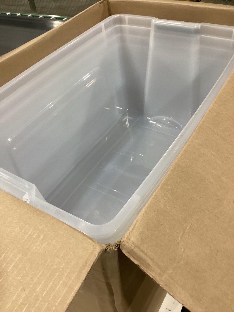 Condition photo showing New/Like New for IRIS USA 72 QT Plastic Storage Box with Lid and Latches - 4 Pack - BPA-Free, See-Through Organizing Solution, Durable Nestable Stackable Containers, Secure Pull Handle - Clear Clear 72 Qt 4 Pack