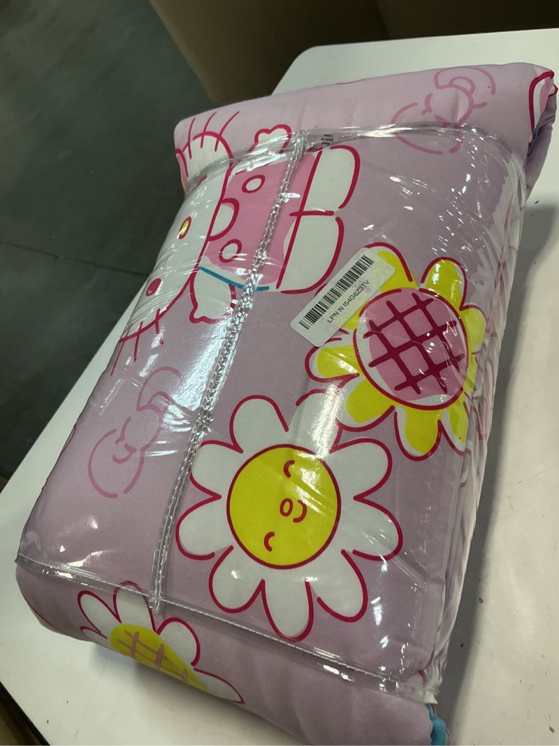 Condition photo showing As Is for franco kids bedding super soft comforter and sheet set with sham, 5 piece twin size, hello kitty hello kitty - rainbow garden 5 piece twin size