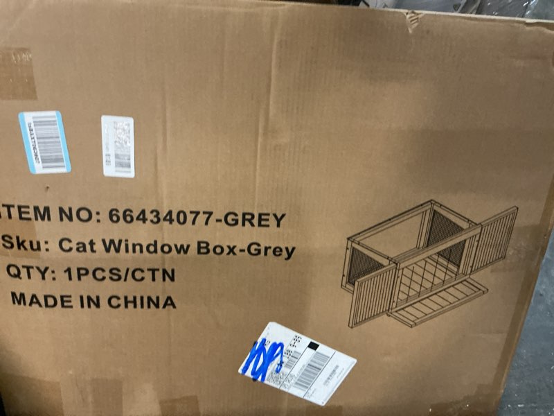 Condition photo showing New/Like New for cat window box catio, outdoor indoor cat enclosure with clear panels, mesh sides & pvc curtain, universal window perch for windows 25"–43", window catio for sunbathing, napping & overlooking,grey