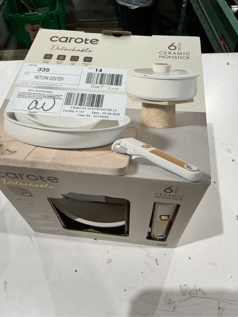 Condition photo showing As Is for carote nonstick detachable pots and pans set, 6 pieces non toxic cookware set with induction, oven/dishwasher safe, easy for storage, granite white