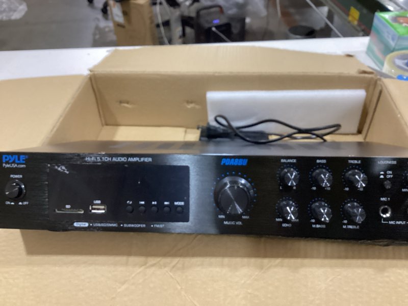 Condition photo showing New/Like New for Pyle Bluetooth 5.1 Amplifier - Home Audio / Theater / Karaoke Receiver with 5 Channels and Subwoofer Out - 2 Mic Inputs w/ Echo, USB-A / SD Reader with MP3 Player, RCA In - PDA8BU