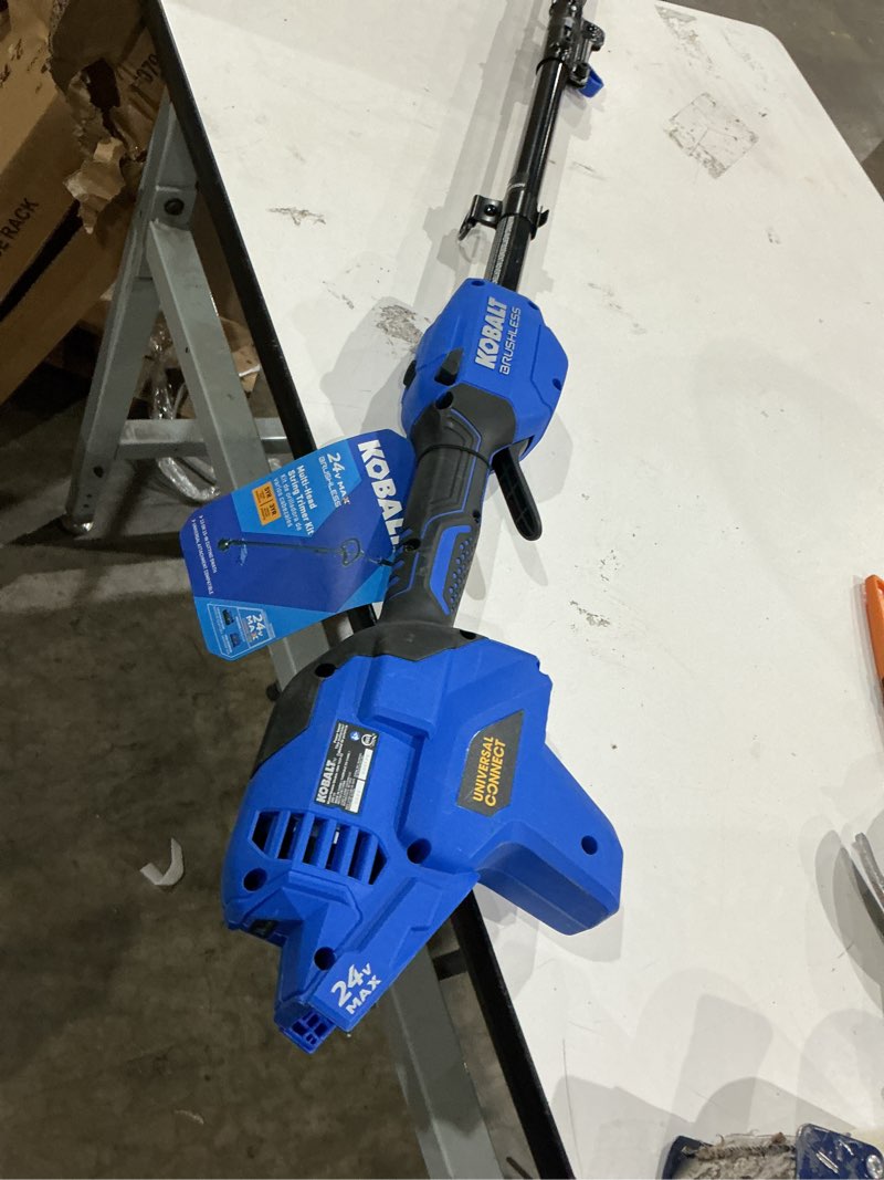 Condition photo showing As Is for kobalt 24-volt 15-in straight shaft battery string trimmer
