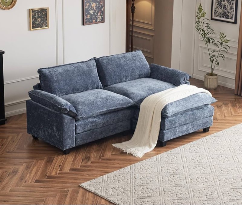 (Incomplete 3 cushion only) Karl home Sectional Sofa Modular Deep Seat Sofa Couch with Ottoman, Chenille Sofa Sleeper Comfy Upholstered Furniture for Living Room, Apartment, Studio, Office, (2-Seat & 1-Ottoman, Dusty-Blue)