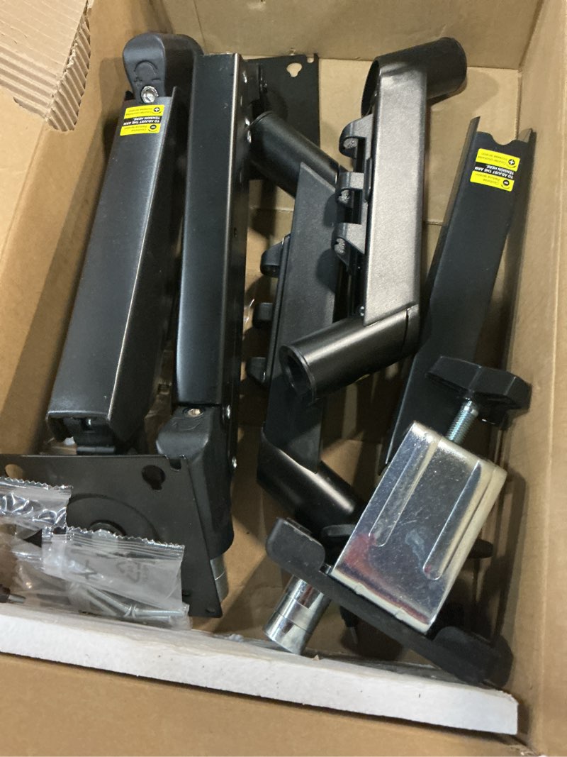 Condition photo showing As Is for adjustable dual monitor desk mount arm for 2 monitors up to 32 inch with c-clamp grommet black 1 pack
