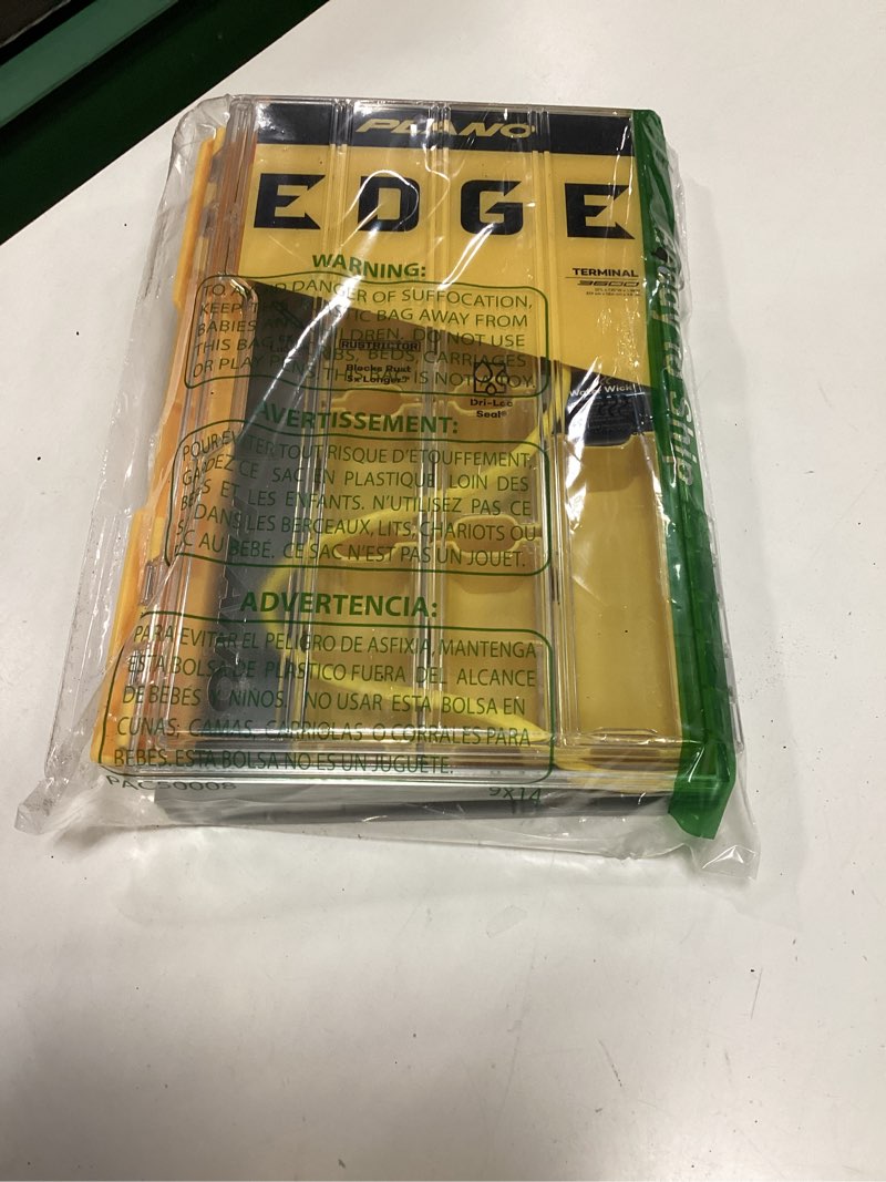 Condition photo showing As Is for plano edge 3600 terminal tackle storage, gray and yellow, includes 10 hook retainers, rustrictor rust-resistant technology, waterproof premium fishing utility box