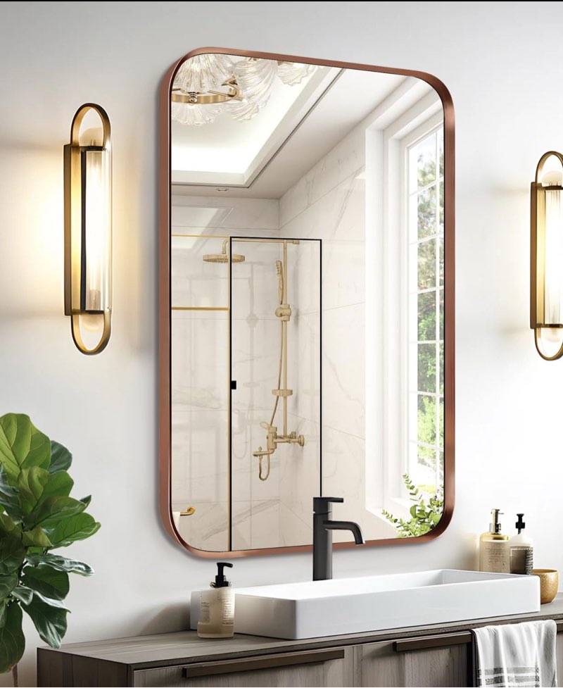 12x16 inch Brushed Bronze Bathroom Mirror for Wall, Rounded Rectangle Mirror with Metal Frame Hanging for Bathroom Entryway Vanity,Living Room,Bedroom,Vertical or Horizontal