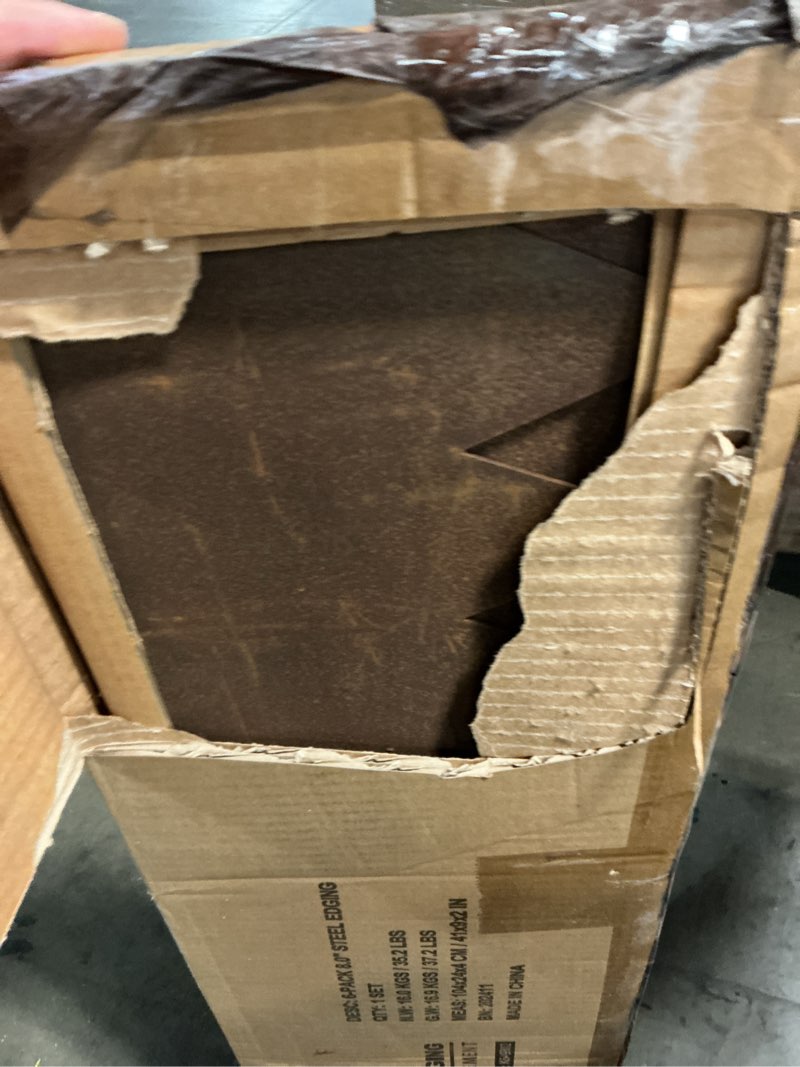 Condition photo showing As Is for worth garden 6 pack cor-ten steel landscape edging w/rust patina finish - 40" l x 8" h strips - hammer-in 14-gauge metal corten edging border w/ 7 clips & gloves - edge for lawn yard (20ft total) without edge trim 8" height