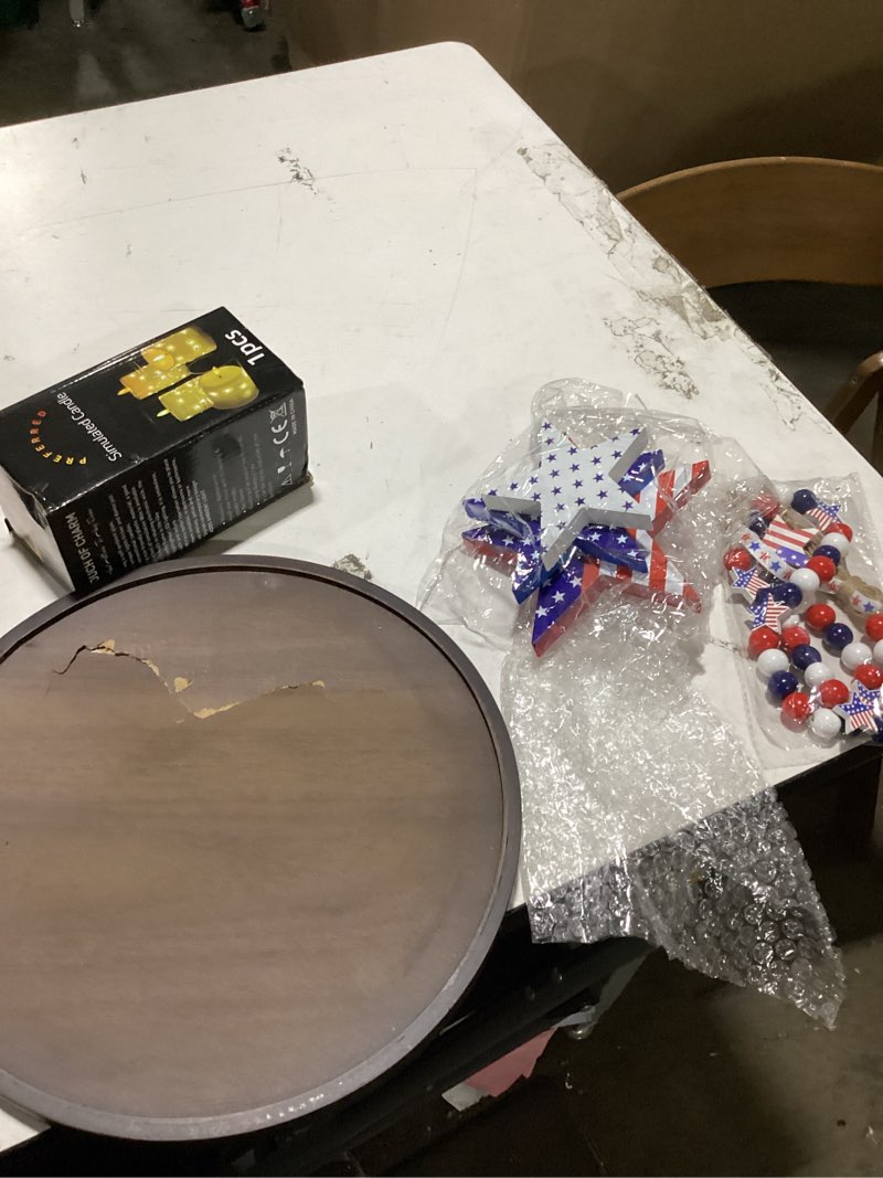 Condition photo showing As Is for (missing parts)silifine 4th of july decorations red white blue centerpiece table decor 250th anniversary patriotic flowers with mini flags wooden stars statue tray led candle bead for 4th of july party decor