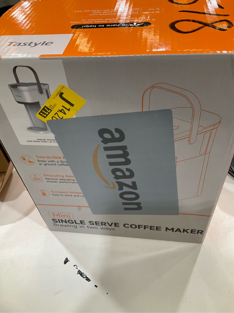 Condition photo showing New/Like New for Single Serve One Cup Coffee Maker, for K Cups and Grounds, Mini Coffee Maker with Portable Handle, 6 to 12 Oz Brew Size, for Travel, Camping, Office, RV and Dorm, 120V, White and Brown