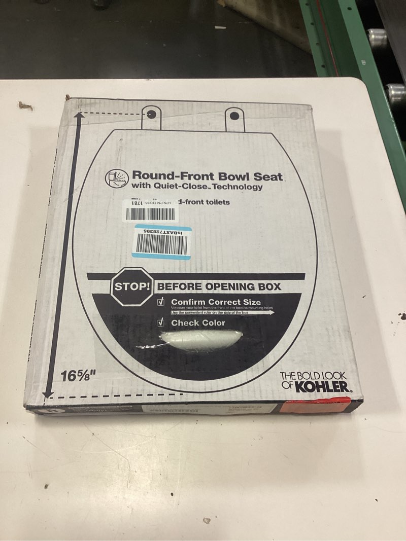 Condition photo showing New/Like New for kohler stonewood quiet-close, round toilet seat soft close, durable wood, easy installation, universal fit, home essentials, white finish, k-20467-0 white round double-hinge