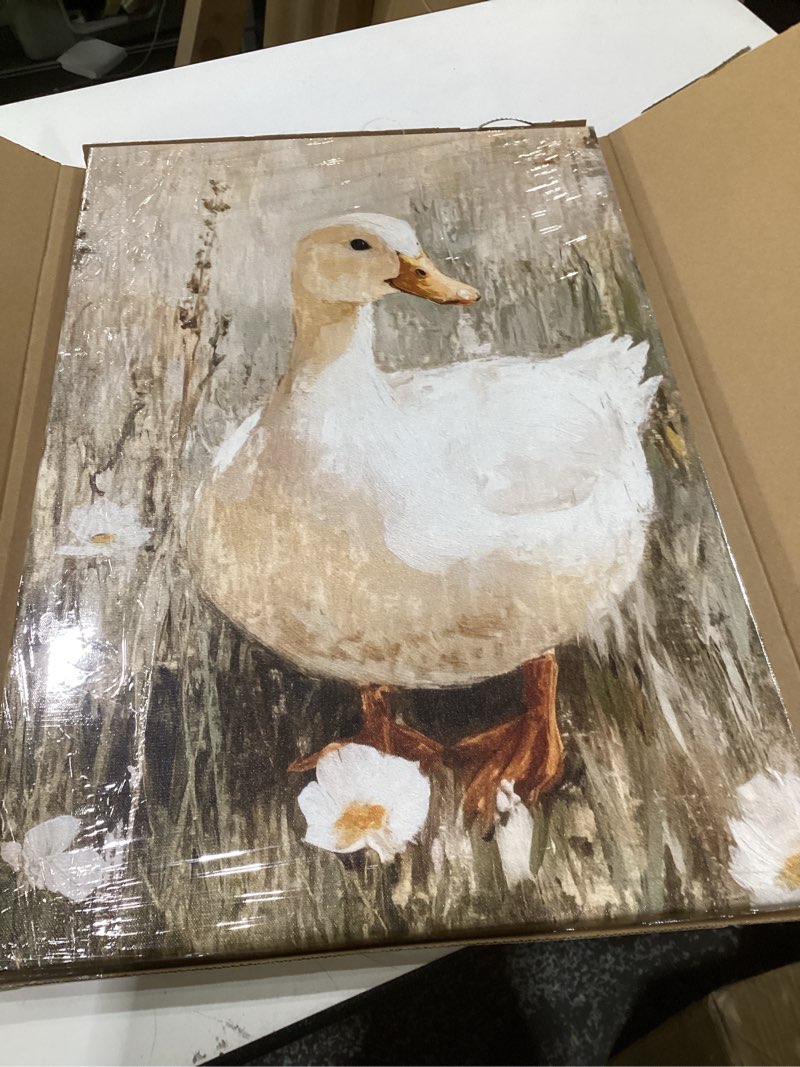 Condition photo showing Good Condition for framed vintage duck farmhouse animal oil painting wall art decor canvas print picture poster country gallery bedroom living room bathroom decor 12x16 inch ready to hang white corgi duck 16"l x 12"w