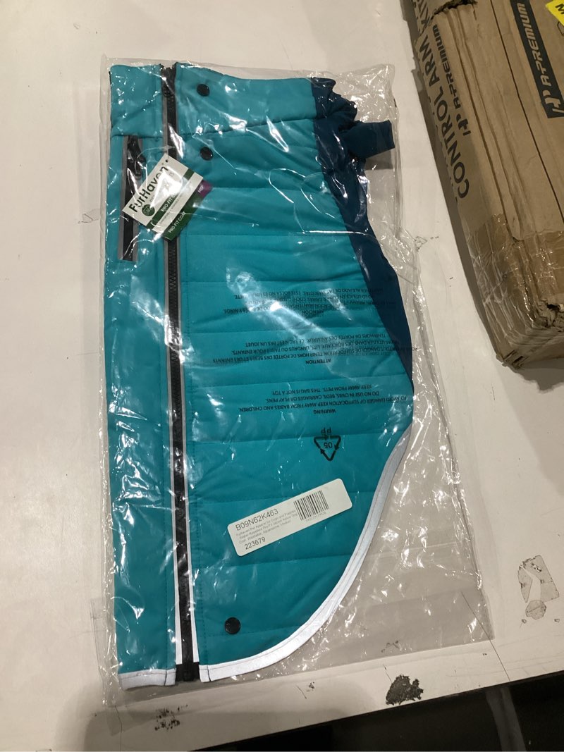 Condition photo showing New/Like New for Furhaven Water-Repellent Medium Dog Coat, Washable w/ Leash Access & Stretch Fabric - Pro-Fit Active Jacket - Aquamarine, Medium Medium Pro-Fit Coat - Aquamarine