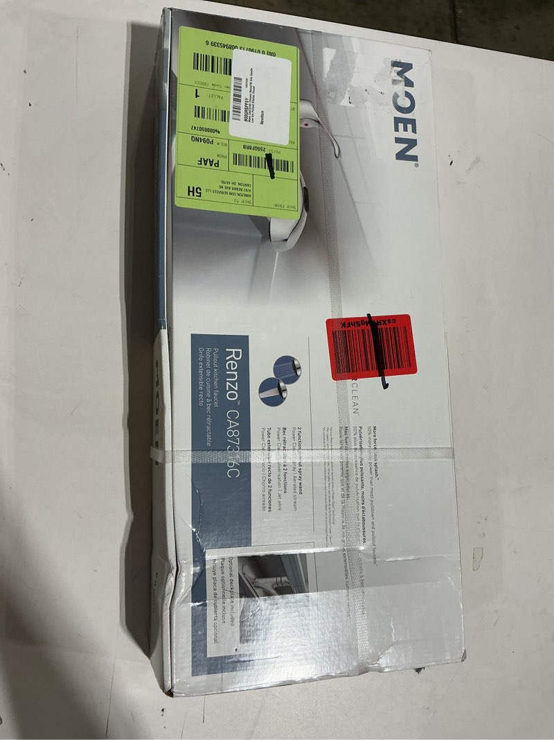 Condition photo showing New/Like New for moen ca87316c chrome renzotm one handle low arc pullout kitchen faucet