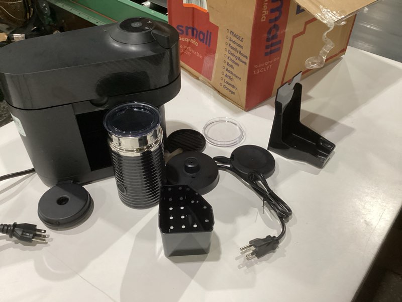 Condition photo showing As Is for nespresso vertuo pop+ coffee and espresso machine by de'longhi with aeroccino milk frother, liquorice black machine + frother liquorice black, not tested, incomplete