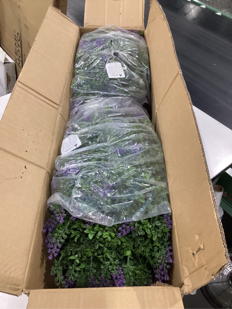 Condition photo showing New/Like New for artificial lavender topiary trees set of 2, 24" uv resistant fake plants for front door porch decor, potted faux lavender plants for outdoor patio entryway 24 inch