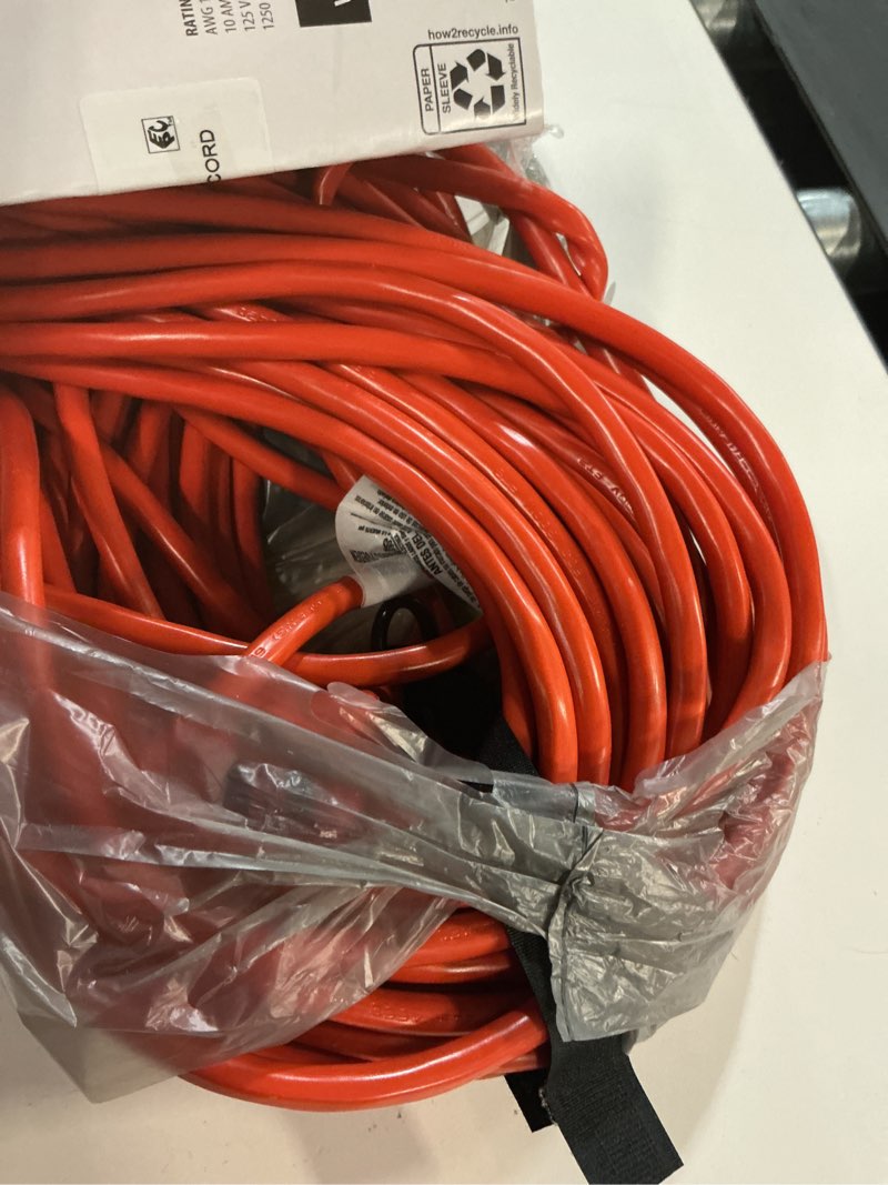 Condition photo showing As Is for hyper tough 16awgx3c 100ft indoor and outdoor light duty orange vinyl extension cord