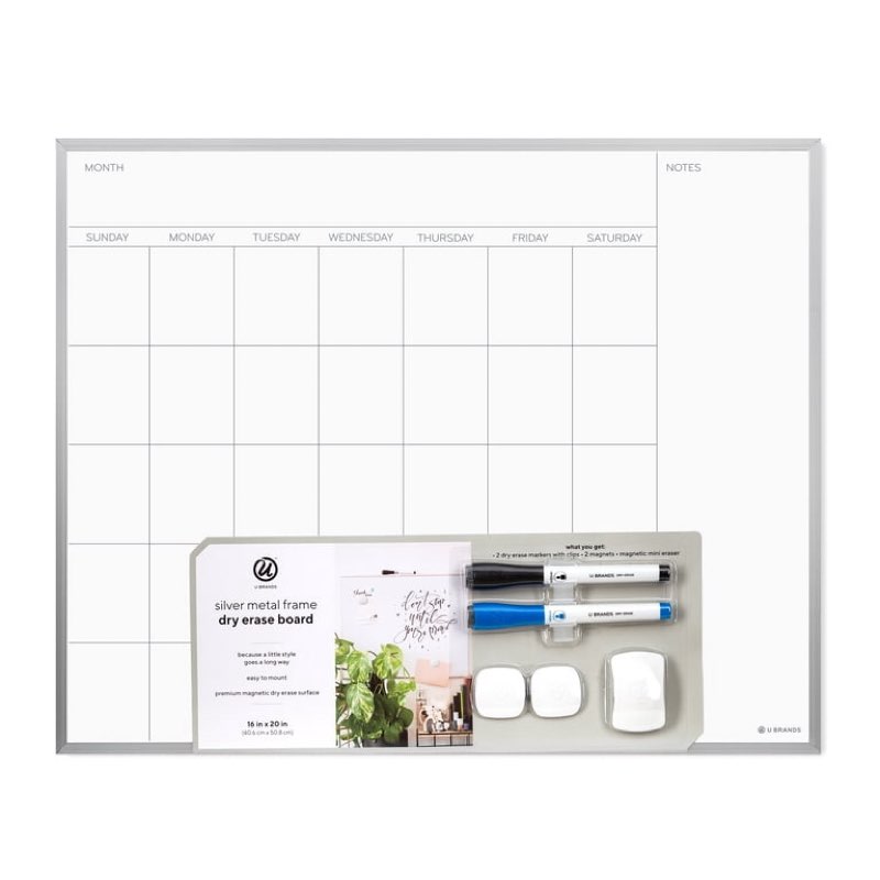 u brands magnetic monthly calendar dry erase board 16 x 20 inch, silver aluminum frame
