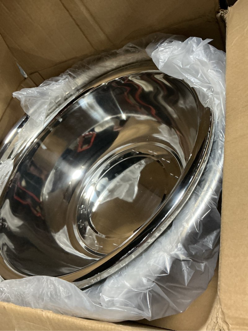 Condition photo showing Good Condition for (incomplete) domensi set of 3 extra large stainless steel mixing bowls large mixing container easy to clean, nesting bowls for space saving storage for cooking, baking(201 stainless steel,13, 16, 20 quart) 201 stainless steel 13, 16, 20 quart