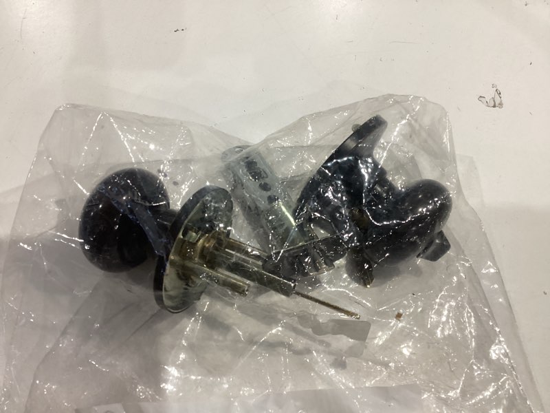 Condition photo showing As Is for similar. kwikset maven front door lock handle and deadbolt set, entry handleset round exterior with interior door knob, secure locking deadbolt, matte black, with microban protection
