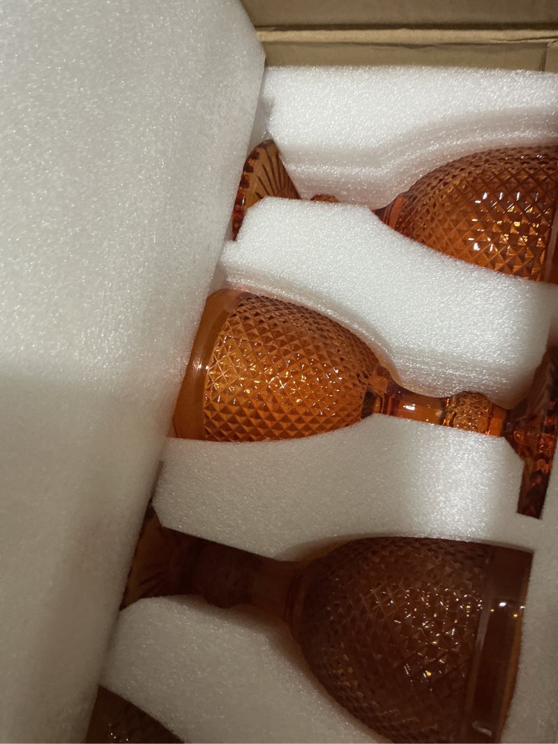 Condition photo showing Good Condition for Bokon 12 Pack Amber Glass Goblets Set 10 oz High Clear Wine Glass Vintage Water Goblets Cups Embossed Diamond Design Glassware with Stem for Drinking Juice Liquor Party Wedding Bar Amber 12
